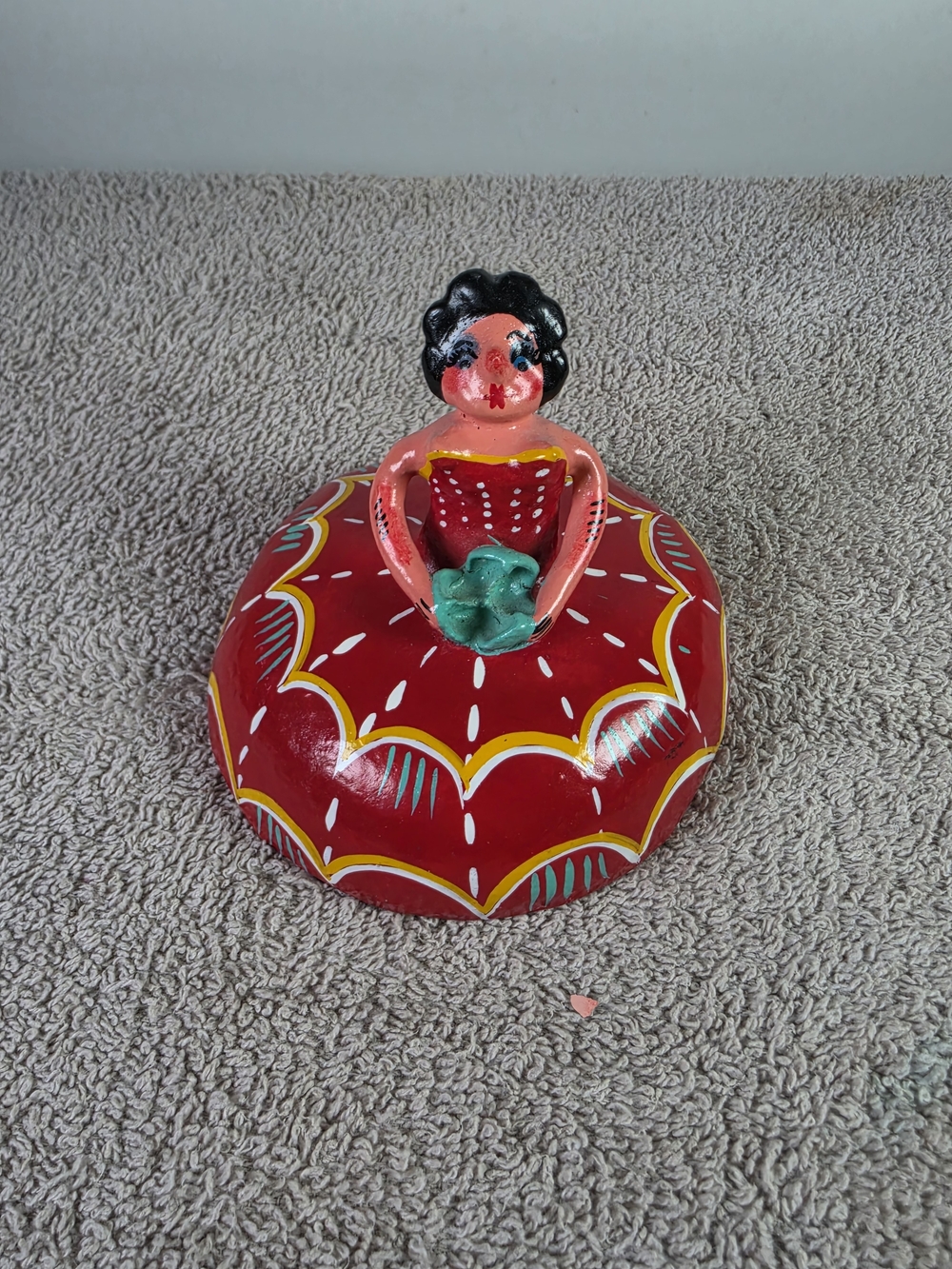 Hand-Painted Coconut Shell Lady In Red Dress Figurine